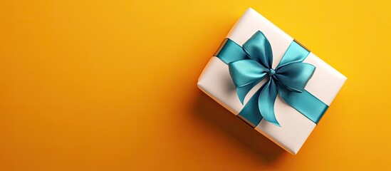 Poster - Festive gift wrapped in white paper adorned with a satin blue bow positioned top left against a vibrant yellow orange background ideal for celebrations