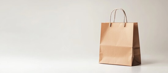 Poster - Brown paper shopping bag with two cord handles positioned on the left against a soft white background creating a minimalist effect.