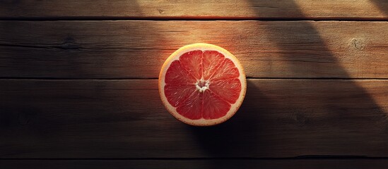 Poster - Red grapefruit slice centered on dark wooden background with soft shadows showcasing vibrant texture and natural lighting.
