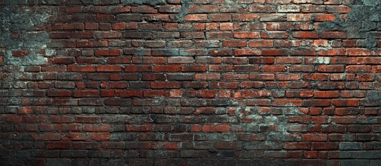 Poster - Textured background of an aged red brick wall with dark mortar and uneven surface, featuring shades of red, brown, and grey, ideal for vintage designs.