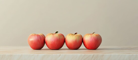 Poster - Fresh red apples arranged in a neat row on a light wooden table against a soft beige background providing a warm and inviting atmosphere.