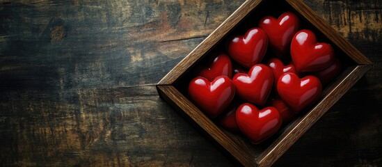 Poster - Red heart-shaped decorations arranged in a wooden box on a dark wooden surface with ample negative space to the right for text or design.