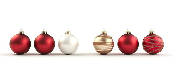 Poster - Red and gold Christmas decoration balls arranged in a balanced row on a white background, featuring three shiny red, one white, and two decorative orbs.