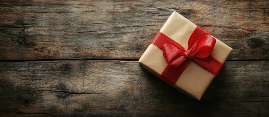 Aufkleber - Christmas gift wrapped in beige paper with a bright red ribbon on a rustic wooden table showcasing warm tones and ample copy space on left