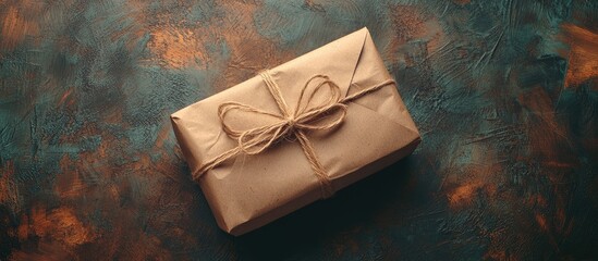 Poster - Brown craft parcel tied with natural hemp bow centered on textured teal and brown background, creating a rustic, warm feel for gifting.