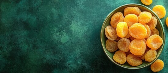 Poster - Dried sweet apricots arranged in a green bowl on a textured green table surface creating a vibrant and inviting overhead presentation