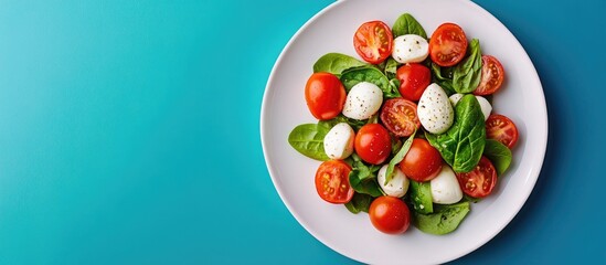 Poster - Caprese salad in a round white plate with cherry tomatoes mozzarella balls and fresh spinach leaves arranged on a teal background with copy space