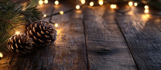 Poster - Christmas card on rustic wooden surface with warm glowing lights, pine cones, and evergreen branches creating a cozy holiday ambiance.