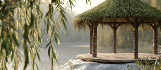 Poster - Old wooden gazebo with a thatched reed roof, positioned on a tranquil lakeshore, surrounded by soft green foliage and hazy background with ample copy space.