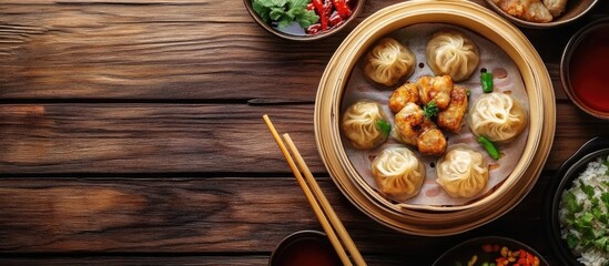 Poster - Delicious golden pork Shumai dumplings in bamboo steamer placed on wooden table accompanied by bowls of sauce and fresh herbs in vibrant colors.
