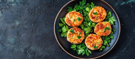 Poster - Buckwheat cutlets with melted cheese and fresh parsley on a black plate against a dark textured background showcasing a healthy meal concept.