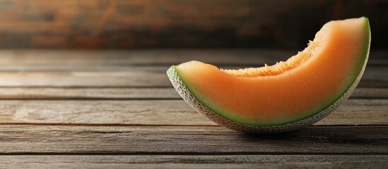 Poster - Fresh cantaloupe melon slice in vibrant orange, placed on rustic wooden surface with a warm brown backdrop, highlighting the juicy texture.