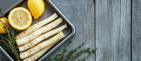 Poster - Close-up of a baking tray containing uncooked salsify roots, fresh lemon halves, and thyme sprigs on a grey wooden table with space for text