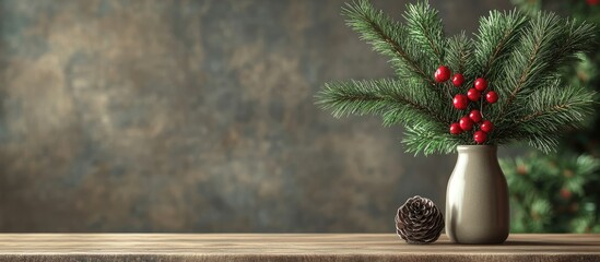 Poster - Pine tree branches with red berries in a beige vase on a wooden table against a blurred festive background showcasing holiday spirit.