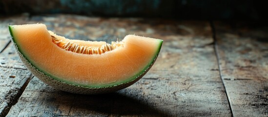 Poster - Ripe cantaloupe melon slice with orange flesh positioned centrally on rustic wooden surface featuring textured brown tones and natural lighting
