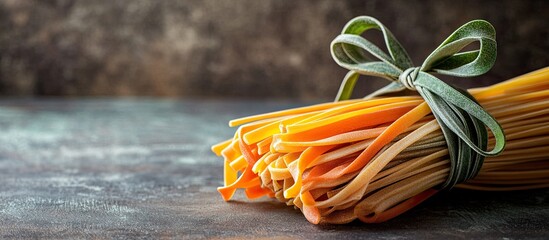 Poster - Colorful uncooked Italian pasta bundle tied with a green ribbon featuring orange yellow hues from vegetable dyes placed on a rustic dark wooden surface.