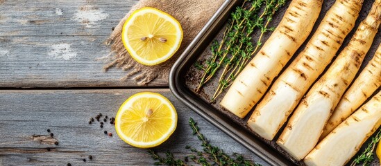 Poster - Baking tray featuring uncooked salsify roots alongside fresh lemons and thyme on a textured grey wooden table with space for text.