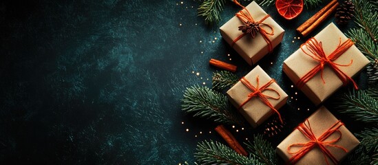 Aufkleber - Elegant Christmas composition with gift boxes adorned with red ribbons, surrounded by coniferous branches and cinnamon sticks, dark green backdrop.