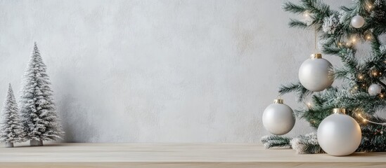 Poster - Elegant winter scene with evergreen trees and white ornaments on a rustic wooden table against a soft gray abstract backdrop.