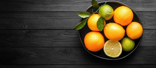 Poster - Bowl of vibrant oranges and limes on a black wooden surface showcasing fresh citrus fruits with green leaves arranged centrally.