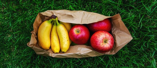 Poster - Fresh bananas and red apples in a brown craft paper bag on vibrant green grass center aligned with empty space for eco-friendly text or branding