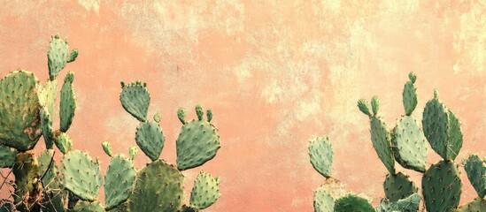 Aufkleber - Cactus plants in vibrant green on a soft peach textured background with a rustic aesthetic positioned at the bottom left and right corners