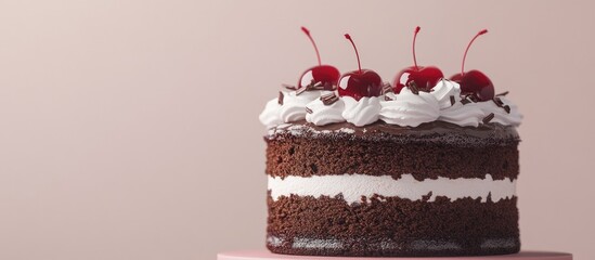 Poster - Layered chocolate cake topped with fluffy whipped cream, bright red cherries, and chocolate shavings against a soft pink background, positioned center right.