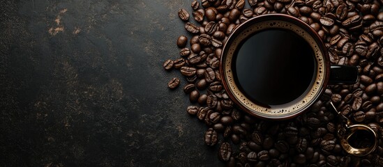 Poster - Cup of black coffee centered on dark surface surrounded by coffee beans with gold keychain accessory on the right side signifying luxury
