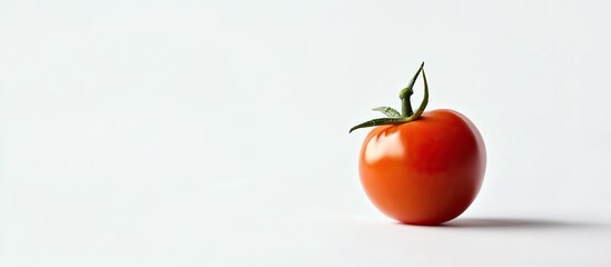 Poster - Fresh cherry tomato in vibrant red color positioned slightly right on a clean white background, showcasing its natural shine and green leaves