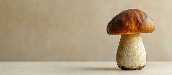 Aufkleber - Single dark cep mushroom on a light wooden surface with a smooth beige background showcasing its textured brown cap and pale stem.