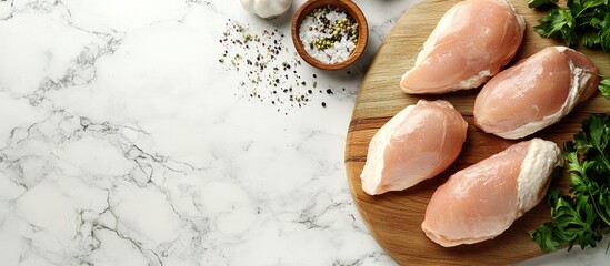 Aufkleber - Fresh raw chicken breasts arranged on a wooden board with garlic, herbs, and spices on a marble surface top view with ample copyspace