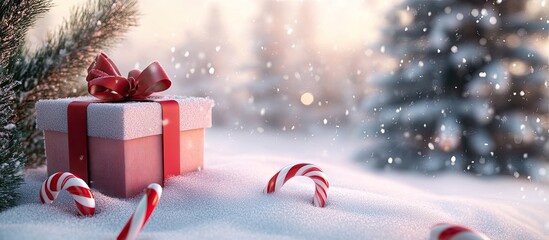 Aufkleber - Christmas gift box with red ribbon on snow with candy canes next to it, soft sunlight glowing in background, fir tree blurred in distance.