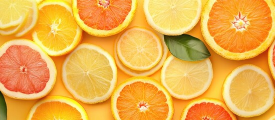 Poster - Vibrant citrus display with orange lemon and citron slices on a bright yellow background showcasing freshness ideal for healthy cuisine themes