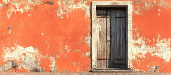 Aufkleber - Weathered wooden door with peeling paint against vibrant orange wall, featuring worn textures and rustic charm, centered in the frame.
