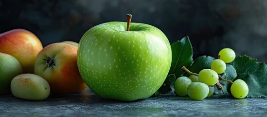 Poster - Fresh green apple in foreground with grapes and assorted apples in soft focus background, dark textures, vibrant green and warm tones.