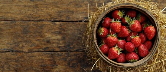 Aufkleber - Wooden bucket brimming with fresh ripe strawberries on straw background with dark wooden surface, ample copy space for text on the right