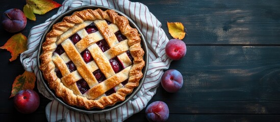 Poster - Autumn-inspired flat lay of a freshly baked plum pie in a lattice crust on a striped napkin with vibrant leaves and plums on a dark wooden background