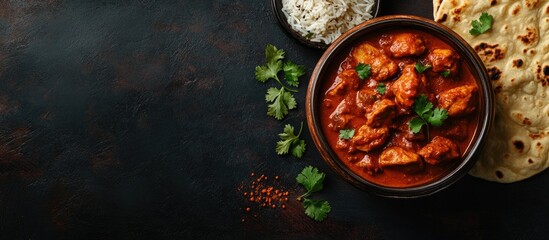 Poster - Chicken tikka masala in a dark clay bowl with rice and naan on a black background, garnished with fresh cilantro, top view with space for text