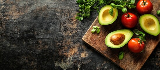 Poster - Fresh avocados and heirloom tomatoes with vibrant green herbs on a rustic dark brown wooden board ideal for farm to table promotions