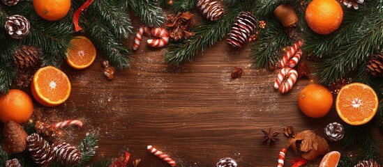 Aufkleber - Christmas composition featuring a rustic wooden background adorned with green spruce branches, bright tangerines, colorful candies, and pine cones, top view.
