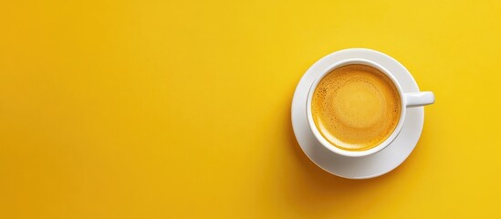 Poster - Aerial view of a white cup of coffee on vibrant yellow background with ample space on the right for text or branding elements