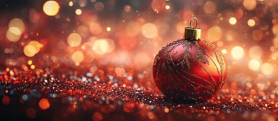 Poster - Shiny red Christmas ornament with golden cap placed on a sparkling red and gold glitter background, creating a festive holiday atmosphere.