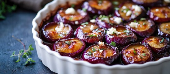 Poster - Baked plums with feta in a white dish arranged in a circle with a caramelized glaze on a dark surface garnished with herbs