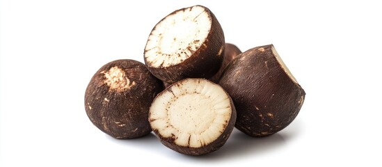 Poster - Boiled taro tubers cut in half displaying white interior on a clean white background with brown skin exposed showcasing the texture and freshness.
