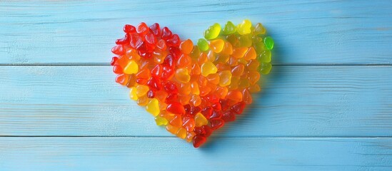 Poster - Colorful heart shape made of vibrant gumdrops in yellow red orange and green arranged on light blue wooden background with ample copyspace