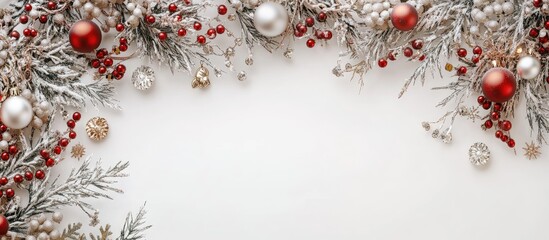 Aufkleber - Festive Christmas jewelry garland in red and silver hues with evergreen branches arranged on a white background creating a cozy holiday atmosphere