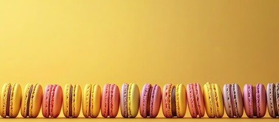 Poster - Colorful macaroons arranged in a row on a vibrant yellow background with ample copy space above them highlighting a gourmet dessert theme