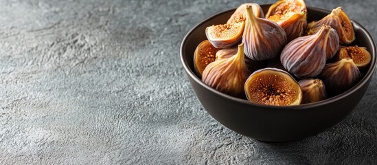 Poster - Bowl of dried figs in a dark bowl on a textured grey background with space for text, showcasing golden-brown figs on the left side.