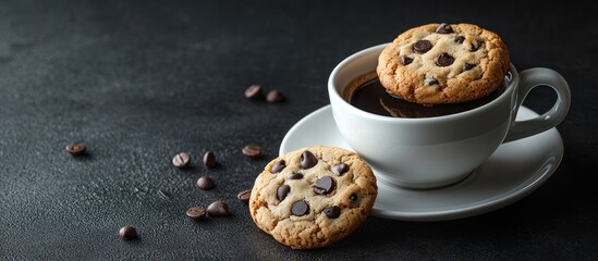 Poster - Cup of rich black coffee in a white ceramic cup topped with a chocolate chip cookie on dark textured background with scattered coffee beans.