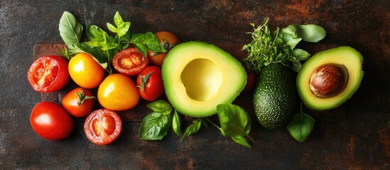 Poster - Fresh avocados and heirloom tomatoes in vibrant red and yellow tones, garnished with green herbs, arranged artfully on a dark rustic wooden board.